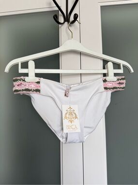 BECCA White Bikini Bottom with Pink & Green Crochet Waistband